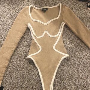Tan Long Sleeve knit Bodysuit with White Trim (stretches)